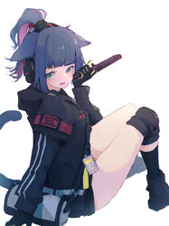  absurdres animal_ears ankle_boots arknights black_footwear black_gloves black_jacket blue_hair blunt_bangs boots cat_ears cat_girl cat_tail crying crying_with_eyes_open ear_protection ears_down female from_behind gloves green_eyes gun highres holding holding_gun holding_weapon id_card implied_extra_ears jacket jessica_(arknights) knee_pads kneehighs knees_up long_sleeves looking_at_viewer looking_back multicolored_hair open_clothes open_jacket open_mouth purple_hair short_hair short_ponytail shoulder_pads sidelocks simple_background sitting socks solo tail tears thighs tokorinowa two-tone_gloves two-tone_hair weapon white_background yellow_gloves 