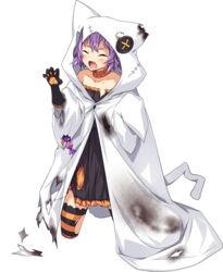  cloak collarbone female full_body halloween halloween_costume hood hooded_cloak kantai_collection kneeling long_sleeves off_shoulder official_alternate_costume official_art purple_hair red_eyes short_hair solo striped_clothes striped_thighhighs tama_(kancolle) thighhighs transparent_background ugume white_cloak 