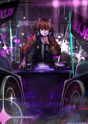  ahoge audio_visualizer brown_hair brown_jacket buttons character_name collarbone dj erty113 female finger_to_mouth grey_horns headphones highres horns indoors jacket kijin_seija long_sleeves looking_at_viewer messy_hair purple_theme sharp_teeth solo sparkle speaker tattoo teeth touhou 