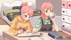  2girls ahoge bed bedroom black_overalls blue_eyes book braid cup drawer drinking eraser green_shirt hair_bun hair_ornament hairclip highres homework indoors kuri_(animejpholic) long_hair mug multiple_girls original overalls pencil pillow pink_hair pointing print_shirt ribbon shirt short_hair siblings single_hair_bun sisters sitting striped_clothes striped_shirt studying table writing yellow_shirt 