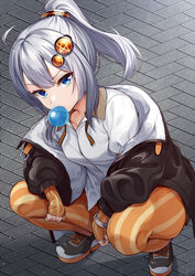  absurdres ahoge alternate_hairstyle black_jacket blue_eyes bracelet chewing_gum collared_shirt commentary female fingerless_gloves gloves hair_between_eyes hair_ornament highres jacket jewelry kizuna_akari long_hair long_sleeves open_clothes open_jacket orange_gloves orange_pantyhose pantyhose ponytail shirt shoes sneakers solo squatting striped_clothes striped_gloves striped_pantyhose tenneko_yuuri vertical-striped_clothes vertical-striped_gloves vertical-striped_pantyhose voiceroid white_hair white_shirt 