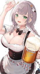  absurdres alcohol beer beer_mug braid breasts cleavage cup female flower german_clothes green_eyes gurina hair_flower hair_ornament highres hololive large_breasts medium_hair mug open_mouth shirogane_noel silver_hair simple_background smile solo sweat teeth twin_braids upper_teeth virtual_youtuber white_background 