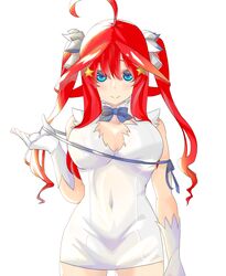  absurdres alternate_costume antenna_hair blue_bow blue_bowtie blue_eyes bow bowtie braid breasts cosplay dress female gloves go-toubun_no_hanayome hestia_(danmachi) hestia_(danmachi)_(cosplay) highres large_breasts long_hair looking_at_viewer minase_inori mojyu_saico nakano_itsuki red_hair rei_no_himo simple_background sleeveless sleeveless_dress solo twin_braids voice_actor_connection white_background white_dress white_gloves 