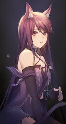  animal_ear_fluff animal_ears arknights bare_shoulders black_background black_choker black_gloves cat_ears cat_girl choker commentary criss-cross_halter dress female fingerless_gloves gloves halterneck highres infection_monitor_(arknights) long_hair looking_at_viewer melantha_(arknights) parted_lips purple_dress purple_hair red_eyes solo upper_body velahka 