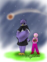  3:4 anthro avian beak bird closed_eyes comet coo_(kirby) digital_media_(artwork) duo feathers hair hi_res human kirby kirby&#039;s_dream_land_3 kirby_(series) mammal maxim_tomato megaglitch(gw) nintendo owl pink_hair purple_body purple_feathers standing 