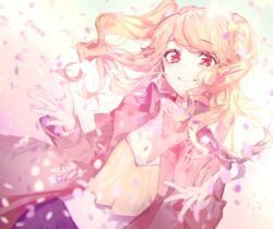  aikatsu! aikatsu!_(series) black_pants blonde_hair blush brown_coat cherry_blossoms coat female highres looking_at_viewer natsuki_mikuru pants parted_lips petals red_eyes shirt smile solo two_side_up wata_(attaka_towel) white_shirt yellow_shirt 