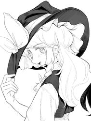  bow braid female frogsnake greyscale hat hat_bow hat_ribbon hat_tip kirisame_marisa long_hair looking_at_viewer monochrome open_mouth ribbon side_braid simple_background single_braid smile solo touhou upper_body vest waistcoat wavy_hair white_background witch_hat 