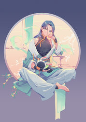  1boy animal_ears aqua_eyes barefoot black_cat branch chinese_clothes eating fake_animal_ears feline flower full_body grey_hair highres leaf long_hair long_sleeves looking_at_viewer luo_xiaohei luo_xiaohei_(cat) luo_xiaohei_zhanji male_focus mooncake pants rabbit_ears sitting suncle white_pants wuxian_(the_legend_of_luoxiaohei) yellow_flower 