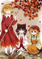  3girls aki_minoriko aki_shizuha ascot autumn autumn_leaves black_footwear black_skirt blush boots bow breasts broom brown_footwear closed_eyes commentary detached_sleeves dress eating falling_leaves food food_in_mouth frilled_shirt_collar frilled_skirt frills fruit_hat_ornament grape_hat_ornament hair_ornament hair_tubes hairbow hakurei_reimu hat indian_style large_breasts leaf leaf_hair_ornament long_sleeves maple_leaf mary_janes mob_cap multiple_girls newspaper open_mouth red_bow red_dress red_eyes red_headwear red_skirt red_vest ribbon-trimmed_sleeves ribbon_trim roasted_sweet_potato shoes short_hair sitting skirt squatting standing stick sweet_potato touhou vest white_legwear wide_sleeves yellow_ascot zetsumame 