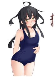  ahoge arms_behind_back black_hair blue_one-piece_swimsuit collarbone cowboy_shot female flat_chest hair_between_eyes hand_on_own_stomach highres ishida_arata jitome kantai_collection long_hair looking_at_viewer mikazuki_(kancolle) one-piece_swimsuit school_swimsuit signature simple_background smile solo swimsuit translated twitter_username white_background yellow_eyes 