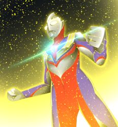  1boy absurdres alien aura color_timer commentary_request glitter_tiga glowing glowing_eyes highres kal_(kaerutoyomu) light_particles male_focus shiny solo tokusatsu ultra_series ultraman_tiga ultraman_tiga_(series) yellow_eyes 