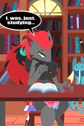  2021 2:3 absurd_res anthro blep blue_body book bookshelf chair claws detailed_background dialogue digital_media_(artwork) duo eeveelution english_text feral finger_claws fingers fur furniture generation_1_pokemon generation_5_pokemon grey_body grey_fur hi_res holding_object humor hydrabb inside lineless looking_at_viewer nintendo nude pokemon pokemon_(species) signature sitting smile solo_focus speech_bubble table text tongue tongue_out vaporeon window zoroark 