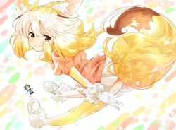  2girls animal_ears blonde_hair blush bow bowtie brown_eyes commentary_request common_raccoon_(kemono_friends) elbow_gloves fennec_(kemono_friends) fox_ears fox_girl fox_tail fur_trim gloves hakoneko_(marisa19899200) highres kemono_friends loafers looking_at_viewer multiple_girls pink_sweater puffy_short_sleeves puffy_sleeves shoes short_hair short_sleeves solo_focus sweater tail thighhighs white_footwear white_fur yellow_bow yellow_bowtie yellow_gloves yellow_legwear zettai_ryouiki 