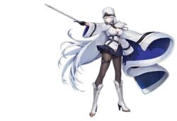  azur_lane between_breasts black_gloves black_legwear black_necktie blue_skirt boots breasts broken cleavage coat female full_body fur-trimmed_boots fur-trimmed_coat fur_trim gloves hair_between_eyes hat high_heel_boots high_heels highres holding holding_weapon ice jacket kirov_(azur_lane) large_breasts long_hair long_sleeves looking_at_viewer military_hat miniskirt nagu necktie necktie_between_breasts night northern_parliament_(emblem) official_art pantyhose pleated_skirt skirt smile sword transparent_background very_long_hair weapon white_coat white_footwear white_hair white_headwear wide_sleeves 