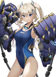  :t bare_shoulders blonde_hair blue_one-piece_swimsuit blush breasts cleavage closed_mouth commentary competition_swimsuit covered_navel cowboy_shot crossed_bangs female goggles goggles_around_neck groin hair_between_eyes hair_ornament hairclip highleg highleg_swimsuit highres looking_at_viewer mecha_musume mechanical_arms medium_breasts morros one-piece_swimsuit original pout sidelocks simple_background solo standing swimsuit taut_clothes taut_swimsuit twintails w_arms white_background 