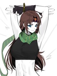  absurdres armpits arms_up bad_id bad_pixiv_id battle_tendency black_gloves blue_eyes breasts brown_hair commentary crop_top female fingerless_gloves genderswap_(mtf) gloves green_scarf headband highres jojo_no_kimyou_na_bouken joseph_joestar joseph_joestar_(young) large_breasts long_hair midriff navel norunollu rule_63 scarf solo triangle_print upper_body white_background 