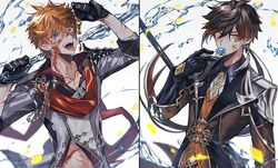  2boys bad_id bad_twitter_id black_gloves black_hair blood blood_on_face brown_hair coat cuts earrings genshin_impact gloves gnosis_(genshin_impact) gurugnsn hair_between_eyes half-closed_eye highres holding injury jacket jewelry long_hair long_sleeves looking_at_viewer male_focus mask mask_on_head mouth_hold multiple_boys orange_eyes orange_hair ponytail red_scarf scarf single_earring tartaglia_(genshin_impact) tassel tassel_earrings upper_body very_long_hair vision_(genshin_impact) water zhongli_(genshin_impact) 