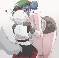  2girls alternate_height bandaid bandaid_on_knee bandaid_on_leg bent_over black_skirt blue_eyes blue_hair breasts frogsnake from_behind green_headwear hands_on_another&#039;s_shoulders hanging_breasts height_difference height_switch inubashiri_momiji jewelry kawashiro_nitori kissing large_breasts looking_at_another midriff multiple_girls necklace short_hair short_shorts shorts sidelocks simple_background skirt tank_top thighs touhou twintails white_background white_hair white_tank_top wolf_girl yuri 