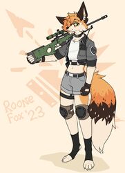  absurd_res anthro awp bottomwear canid canine clothed clothing digitigrade fingerless_gloves footwear fox gloves gun handwear hi_res jacket knee_pads male mammal navel ranged_weapon rifle roonefox shorts simple_background sniper_rifle socks solo standing toeless_footwear toeless_socks topwear weapon white_background yellow_sclera 