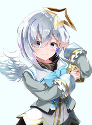  absurdres adjusting_hair amane_kanata amane_kanata_(1st_costume) angel angel_wings arm_up asymmetrical_bangs asymmetrical_hair bad_id bad_pixiv_id blue_bow blue_bowtie blue_eyes blue_hair blush bob_cut bow bowtie closed_mouth colored_inner_hair commentary cropped_jacket eyes_visible_through_hair feathered_wings female frilled_sleeves frills grey_hair grey_jacket hair_between_eyes hair_over_one_eye halo highres hololive jacket long_sleeves looking_at_viewer multicolored_hair pink_hair purple_eyes sailor_collar school_uniform serafuku short_hair smile solo star_halo streaked_hair virtual_youtuber white_wings wings ysys_(goodeveeeenings) 