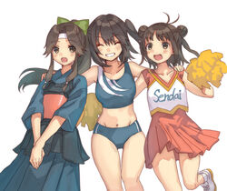  3girls alternate_costume antenna_hair armor black_hair black_hakama blue_buruma blue_hakama bougu buruma cheerleader commentary_request cowboy_shot double_bun dress hair_bun hakama headband holding holding_pom_poms japanese_armor japanese_clothes jintsuu_(kancolle) kantai_collection midriff mitsuyo_(mituyo324) multiple_girls naka_(kancolle) orange_dress pleated_dress pom_pom_(cheerleading) ponytail sendai_(kancolle) short_hair simple_background sports_bikini sportswear two_side_up white_background white_headband 