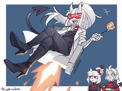  3girls black_footwear black_pants black_vest boots commentary crossed_legs deltarune english_text glasses grey_eyes helltaker highres justice_(helltaker) lab_coat long_hair loremaster_(helltaker) lucifer_(helltaker) multiple_girls noah_(tettsui-sole) ojou-sama_pose pants red-tinted_eyewear red_eyes sitting solo_focus sunglasses symbol-only_commentary tail tinted_eyewear vest 