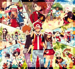  6+boys 6+girls :d :q animal_ear_fluff anniversary antenna_hair arms_up atori12 bag baseball_cap bayleef between_breasts black_hair black_shirt blue_jacket blue_oak blue_shirt blush box braixen breasts brendan_(pokemon) brown_eyes brown_hair calem_(pokemon) champion_uniform chespin chimchar clenched_hand closed_eyes cloud commentary_request dawn_(pokemon) dewott elio_(pokemon) ethan_(pokemon) eyelashes flower gift gift_box gloria_(pokemon) green_shorts greninja grey_eyes grovyle hand_in_pocket hand_on_headwear hand_up hat highres hilbert_(pokemon) hilda_(pokemon) holding holding_flower holding_poke_ball jacket knees leaf_(pokemon) long_hair looking_at_viewer lucas_(pokemon) lyra_(pokemon) may_(pokemon) mudkip multiple_boys multiple_girls nate_(pokemon) on_head one_eye_closed open_mouth outline pants pantyhose petals pink_bag pink_headwear piplup pleated_skirt poke_ball poke_ball_(basic) pokemon pokemon_(creature) pokemon_bw pokemon_bw2 pokemon_dppt pokemon_emerald pokemon_frlg pokemon_hgss pokemon_on_head pokemon_rse pokemon_sm pokemon_swsh pokemon_xy primarina quilava red_(pokemon) red_shirt red_skirt rosa_(pokemon) rowlet scarf selene_(pokemon) serena_(pokemon) shirt short_sleeves shorts sidelocks skirt sky smile standing strap_between_breasts striped_clothes striped_shirt sunglasses teeth tepig tied_shirt tongue tongue_out torchic torracat torterra totodile tree vest victor_(pokemon) vs_seeker white-framed_eyewear white_headwear wristband 