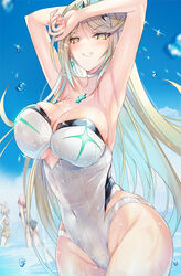  3girls blonde_hair breasts chest_jewel commentary gem headpiece inoue_takuya_(tactactak) large_breasts long_hair multiple_girls mythra_(radiant_beach)_(xenoblade) mythra_(xenoblade) nia_(fancy_sundress)_(xenoblade) nia_(xenoblade) one-piece_swimsuit pyra_(pro_swimmer)_(xenoblade) pyra_(xenoblade) ribbed_swimsuit strapless strapless_one-piece_swimsuit striped_clothes striped_one-piece_swimsuit swept_bangs swimsuit tiara two-tone_swimsuit vertical-striped_clothes vertical-striped_one-piece_swimsuit very_long_hair white_one-piece_swimsuit xenoblade_chronicles_(series) xenoblade_chronicles_2 yellow_eyes 