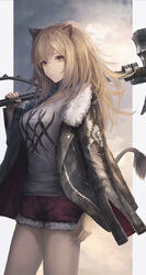  :| animal_ears arknights arm_at_side black_jacket breasts brown_eyes brown_hair cleavage closed_mouth commentary crossed_bangs female fur-trimmed_jacket fur_trim hair_between_eyes hammer highres holding holding_hammer holding_weapon jacket lion_ears lion_girl lion_tail looking_at_viewer medium_hair moose_(moosu193) open_clothes open_jacket red_shorts shirt shorts siege_(arknights) solo standing tail war_hammer weapon white_shirt zipper 