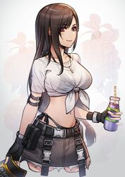  baseball_cap belt bikini bikini_under_clothes black_bikini black_gloves black_hair breasts brown_hair closed_mouth collarbone commentary cowboy_shot crop_top cropped_legs denim denim_skirt drink drinking_straw elbow_pads female final_fantasy final_fantasy_vii final_fantasy_vii_ever_crisis fingerless_gloves floral_background frayed_clothes frayed_skirt gloves gradient_background grey_skirt hat highleg highleg_bikini highres holding holding_clothes holding_drink holding_hat jewelry juice large_breasts light_blush long_hair looking_at_viewer low-tied_long_hair lukrevadraws midriff miniskirt navel necklace official_alternate_costume red_eyes see-through see-through_shirt shirt short_sleeves side-tie_bikini_bottom single_elbow_pad single_sidelock skirt smile solo swept_bangs swimsuit tied_shirt tifa_lockhart tifa_lockhart_(lifeguard) unworn_hat unworn_headwear very_long_hair wet wet_clothes wet_shirt white_shirt 