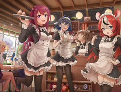  6+girls absurdres ahoge alternate_costume animal_ears apron black_hair blonde_hair blue_eyes blue_hair book bottle bow bow_earrings breasts brown_hair cafe can ceres_fauna cleavage coffee_grinder coffee_maker counter cup dark-skinned_female dark_skin drawing_(object) dress_shirt earrings enmaided feather_hair_ornament feathers gawr_gura green_hair grey_hair hair_intakes hair_ornament hairclip hakos_baelz halloween_baelz hand_on_own_hip hanging_light head_rest highres holding holding_book holocouncil hololive hololive_english hootsie_(nanashi_mumei) irys_(hololive) jar jewelry kronie_(ouro_kronii) large_breasts long_hair looking_at_viewer maid maid_apron maid_headdress medium_breasts mouse_ears mouse_girl mouse_tail mr._squeaks_(hakos_baelz) multicolored_hair multiple_girls nanashi_mumei ouro_kronii picture_frame plant ponytail popped_button potted_plant red_hair ribbon sanallite_(tsukumo_sana) sapling_(ceres_fauna) shaded_face sharp_teeth shirt short_hair streaked_hair tail teacup teeth trembling tsukumo_sana very_long_hair virtual_youtuber watson_amelia white_shirt wide-eyed window yatagarasu_(tsukumo_sana) zeng$_(zwj) 