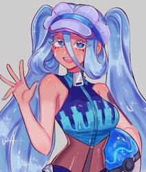  blue_eyes blue_hair breasts commentary female hair_between_eyes hatsune_miku highres large_breasts long_hair pokemon project_voltage ruinique solo twintails vocaloid water_miku_(project_voltage) wet wet_clothes zipper zipper_pull_tab 