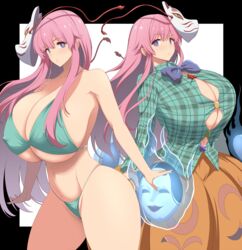  bikini bow bowtie breasts bright_pupils bursting_breasts button_gap covered_nipples female fox_mask green_bikini green_shirt grey_bow grey_bowtie hata_no_kokoro highres huge_breasts kloah long_hair mask mask_on_head navel orange_skirt pink_hair plaid plaid_shirt purple_eyes shirt skirt star_button swimsuit touhou triangle_button white_pupils 