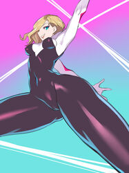  animification blonde_hair blue_eyes bodysuit breasts covered_navel eyebrow_piercing female gwen_stacy highres hood hood_down hooded_bodysuit looking_at_viewer marvel medium_breasts piercing short_hair skin_tight smile solo spider-gwen spider-man:_into_the_spider-verse spider-man_(series) spider-verse spider_web_print superhero_costume ukimukai 