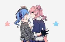  2girls anemachi blue_hair blue_jacket blush closed_eyes commentary gloves hair_ornament hand_on_another&#039;s_cheek hand_on_another&#039;s_face highres hololive hoshimachi_suisei jacket looking_at_another multiple_girls okutorinno partially_fingerless_gloves pink_hair plaid plaid_shirt ponytail shirt siblings sisters star_(symbol) star_hair_ornament symbol-only_commentary virtual_youtuber white_background yuri 