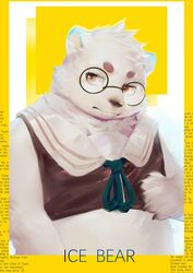  5_fingers anthro bear cheek_tuft claws english_text eyewear facial_tuft fingers fur gharne glasses half_clothed head_tuft hi_res looking_sideways male mammal neck_tuft overweight overweight_anthro overweight_male polar_bear red_eyes shaded simple_background solo text tuft ursine white_body white_fur 