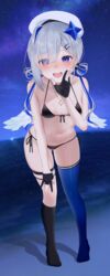  :d \||/ absurdres adapted_costume amane_kanata amane_kanata_(work) angel_wings asymmetrical_legwear bare_arms bare_shoulders beret bikini black_bikini black_gloves black_socks blue_hair blue_thighhighs blush breasts collarbone commentary_request feathered_wings female front-tie_bikini_top front-tie_top full_body gloves grey_hair groin halterneck hand_on_own_knee hand_to_own_mouth hat highres hololive jewelry leaning_forward looking_at_viewer medium_hair mini_wings mismatched_legwear multicolored_hair navel necklace night no_shoes nose_blush open_mouth outdoors partially_fingerless_gloves pov purple_eyes side-tie_bikini_bottom single_hair_intake sky small_breasts smile socks solo standing star_(symbol) star_necklace stomach streaked_hair swimsuit teeth thigh_strap thighhighs thighs tojo_aoi uneven_legwear upper_teeth_only virtual_youtuber water wet white_hat white_wings wings 