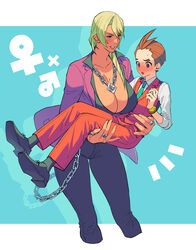  1boy absurdres antenna_hair apollo_justice aqua_necktie belt_chain black_footwear black_pants black_shirt black_socks blonde_hair blue_background blue_eyes blush bracelet breasts brown_eyes brown_hair buttons carrying carrying_person chain_belt chain_necklace chains cleavage collared_shirt cropped_legs dark-skinned_female dark_skin embarrassed feet_out_of_frame female forked_eyebrows genderswap_(mtf) gigantic_breasts grin gyakuten_saiban hair_over_shoulder hand_up highres jacket jewelry klavier_gavin lapel_pin lapels long_hair long_sleeves mars_symbol multiple_rings necklace necktie open_clothes open_jacket ouse_(otussger) oxfords pants partially_unbuttoned pocket princess_carry purple_jacket red_pants red_suit red_vest reverse_princess_carry ring rule_63 shirt shoes short_hair simple_background sleeves_rolled_up smile socks straight suit suit_jacket thick_eyebrows thumb_ring twisted_hair venus_symbol vest white_shirt 