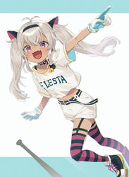  animal_ears antenna_hair baseball_bat baseball_uniform blue_gloves cat_ears collar commentary_request dark-skinned_female dark_skin fake_animal_ears fangs female gloves grey_hair highres long_hair matsukai_mao midriff natsuhiko nijisanji purple_eyes shoes shorts sneakers solo spiked_collar spikes sportswear striped_clothes striped_thighhighs thighhighs twintails two-tone_gloves virtual_youtuber white_gloves white_shorts 