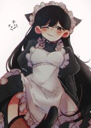  absurdres animal_ears apron bad_id bad_pixiv_id blush cat_ears cat_girl closed_mouth female highres kokomi_(aniesuakkaman) long_hair looking_at_viewer maid maid_apron maid_headdress mari_(faraway)_(omori) mari_(omori) omocat_(style) omori one_eye_closed simple_background smug solo thighs white_background 