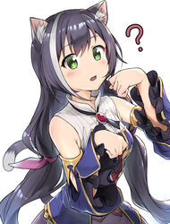  ? amulet animal_ear_fluff animal_ears bare_shoulders black_hair breasts cat_ears cat_girl cat_tail cowboy_shot detached_sleeves dress female frilled_sleeves frills gold_trim green_eyes hair_between_eyes hands_up highres karyl_(princess_connect!) light_blush long_hair long_sleeves looking_at_viewer low_twintails multicolored_clothes multicolored_dress multicolored_hair neck_ribbon oerba_yun_fang open_mouth paw_pose princess_connect! ribbon shuucream_(syuichi) simple_background sleeveless sleeveless_dress small_breasts solo streaked_hair swept_bangs tail twintails very_long_hair white_background wide_sleeves 