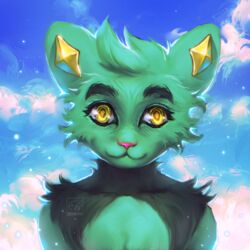  1:1 anthro beautiful_background big_ears big_eyes black_body black_fur bodily_fluids brows cloud crystal digital_media_(artwork) domestic_cat felid feline felis front_view fur generation_4_pokemon green_body green_fur half_body hi_res kaneda_chan looking_at_viewer male mammal nintendo pink_nose pokemon pokemon_(species) portrait shinx shinx_(strikerman) slim smile solo sweat 