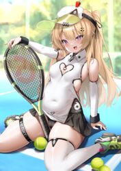  :d absurdres arm_behind_back arm_rest azur_lane bache_(azur_lane) bache_(showy_sports_star)_(azur_lane) backless_dress backless_outfit ball bare_shoulders black_choker black_panties blonde_hair blush breasts choker cien_(shikanokuni) cleavage_cutout clothes_lift clothing_cutout collared_dress covered_navel detached_sleeves dress dress_lift female full_body hair_between_eyes hair_ornament hairclip heart_cutout highres holding holding_racket legs lifting_own_clothes long_hair no_bra oerba_yun_fang panties pleated_dress purple_eyes racket short_dress single_thighhigh sitting skin_tight skindentation small_breasts smile solo sportswear tennis_ball tennis_racket tennis_uniform thigh_strap thighhighs thighs underwear upskirt very_long_hair visor_cap 