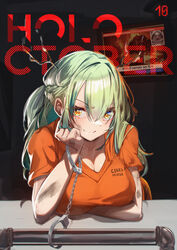  absurdres alternate_costume antlers arm_under_breasts braid breast_rest breasts breasts_on_table ceres_fauna cleavage closed_mouth cuffed cuffs dirty double-parted_bangs elbows_on_table english_commentary evil_smile female french_braid green_hair hand_up handcuffs head_rest highres hololive hololive_english horns large_breasts leaning_forward long_hair looking_at_viewer midorimae open_clothes open_shirt prison_clothes smile solo two_side_up virtual_youtuber yellow_eyes 