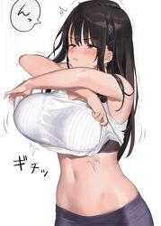  bare_arms bare_shoulders black_bra black_hair blue_eyes blush bra breasts closed_mouth commentary_request female hair_ornament hairclip inconvenient_breasts kaisen_chuui large_breasts long_hair original shirt sidelocks simple_background sleeveless solo stomach teacher_(kaisen_chuui) underwear undressing white_background white_shirt 