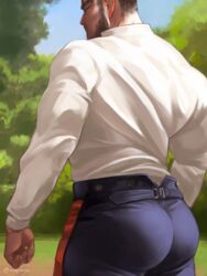  1boy ass bara black_hair black_pants commentary_request day facial_hair golden_kamuy long_sideburns male_focus muscular muscular_male nopinzo outdoors pants shirt short_hair sideburns sky solo tanigaki_genjirou twitter_username white_shirt 