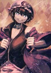  1boy argyle_background arrow_print bad_id bad_pixiv_id bare_shoulders black_hair black_shirt brown_background clenched_hands clenched_teeth collarbone collared_shirt dated frilled_hat frills genderswap_(otm) hat high_collar highres hood hood_down hooded_jacket jacket len&#039;en long_sleeves looking_at_viewer male_focus mob_cap open_clothes open_jacket open_mouth partially_unzipped pectoral_cleavage pectorals purple_eyes purple_hat purple_jacket rule_63 shirt shitodo_kuroji short_hair shorts signature sleeveless sleeveless_shirt smile solo teeth triangular_headpiece white_shorts white_trim wide_sleeves yukkyon_kyon 