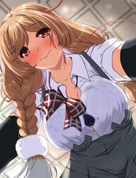  absurdres blue_bra bow bowtie bra bra_visible_through_clothes braid breasts brown_eyes button_gap cloud_hair_ornament female gradient_hair grey_hair grey_skirt highres kantai_collection large_breasts light_brown_hair long_hair looking_at_viewer low_twin_braids minegumo_(kancolle) multicolored_hair plaid plaid_bow plaid_bowtie red_bow red_bowtie shigatsu_(soratobuusagi) skirt solo twin_braids underwear 