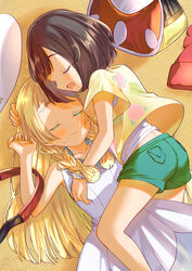  2girls bag black_hair blonde_hair blush braid closed_eyes dress drooling green_shorts handbag hat highres holding_another&#039;s_head lillie_(pokemon) long_hair lying lying_on_person multiple_girls pokemon pokemon_sm red_headwear selene_(pokemon) shirt short_hair short_sleeves shorts sleeping sleeveless sleeveless_dress sweatdrop tachi_(gutsutoma) twin_braids white_dress white_headwear yellow_shirt yuri z-ring 