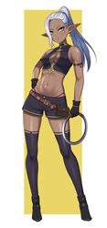  bare_shoulders black_gloves black_shorts black_thighhighs blush breasts chakram cleavage cleavage_cutout clothing_cutout contrapposto dark-skinned_female dark_skin earrings elf female full_body gloves green_eyes grey_hair hand_on_own_hip high_ponytail highres holding holding_weapon jewelry lightning_bolt_earrings lightning_bolt_symbol long_hair looking_at_viewer medium_breasts midriff mole mole_under_eye navel original pimm_(chiramegd) pointy_ears shorts solo thighhighs weapon 